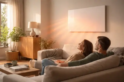 Infrarotheizung gibt Wärmestrahlung an Personen und Möbel im Wohnraum ab