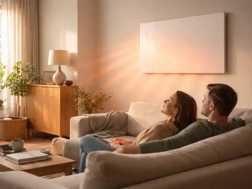 Infrarotheizung gibt Wärmestrahlung an Personen und Möbel im Wohnraum ab