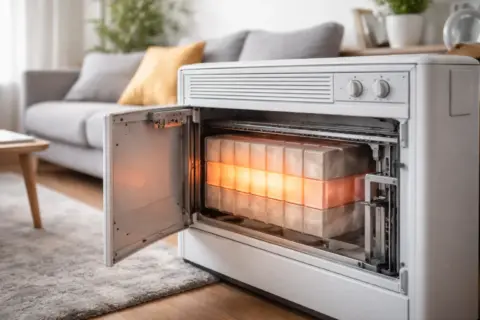 Geöffnete Speicherheizung mit sichtbarem Wärmespeicherkern im Wohnzimmer