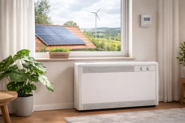 Speicherheizung im Wohnraum mit Bezug zu erneuerbaren Energien im Strommix