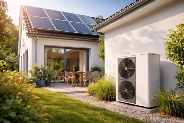 Erneuerbare Energien und Effizienz beim Heizen mit Strom Einfamilienhaus mit Photovoltaikanlage und effizienter Wärmepumpe