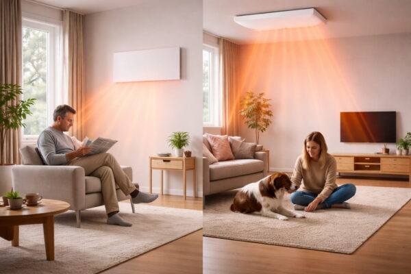 Wärmeverteilung bei Wand- und Deckenmontage im Vergleich Vergleich von Wand- und Deckenmontage einer Infrarotheizung im Wohnraum