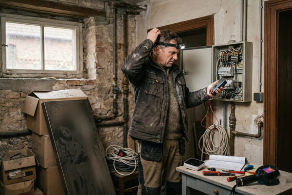 Herausforderungen bei der Infrarot-Installation im Altbau Handwerker prüft ratlos die veraltete Elektroinstallation im Altbau vor der Montage einer Infrarotheizung.