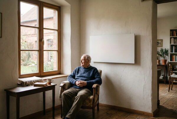 Behagliche Strahlungswärme durch Infrarot im Altbau Älterer Mann sitzt entspannt in einem Altbau-Wohnzimmer neben einer flachen Infrarotheizung an der Wand.