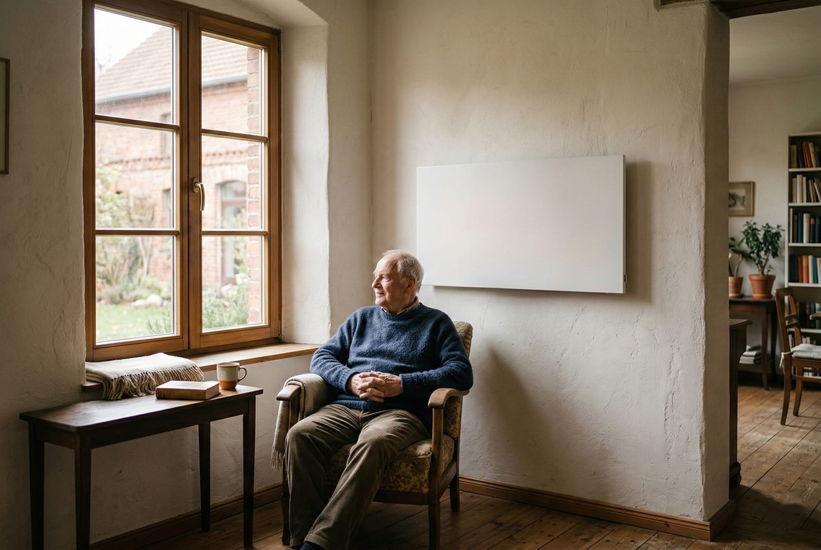 Älterer Mann sitzt entspannt in einem Altbau-Wohnzimmer neben einer flachen Infrarotheizung an der Wand.