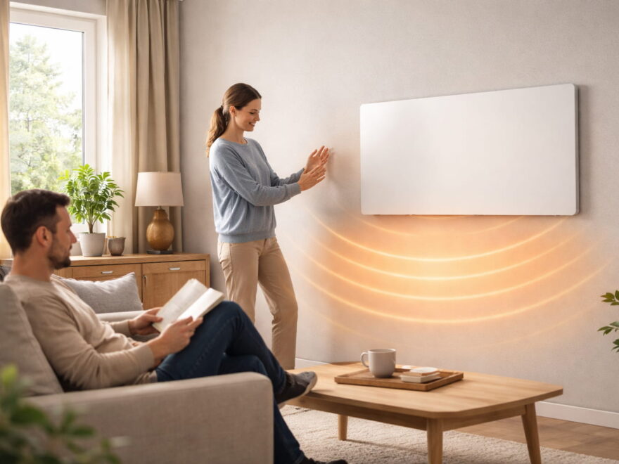 Infrarotheizung an der Wand erwärmt Personen und Oberflächen durch Strahlungswärme im Wohnraum