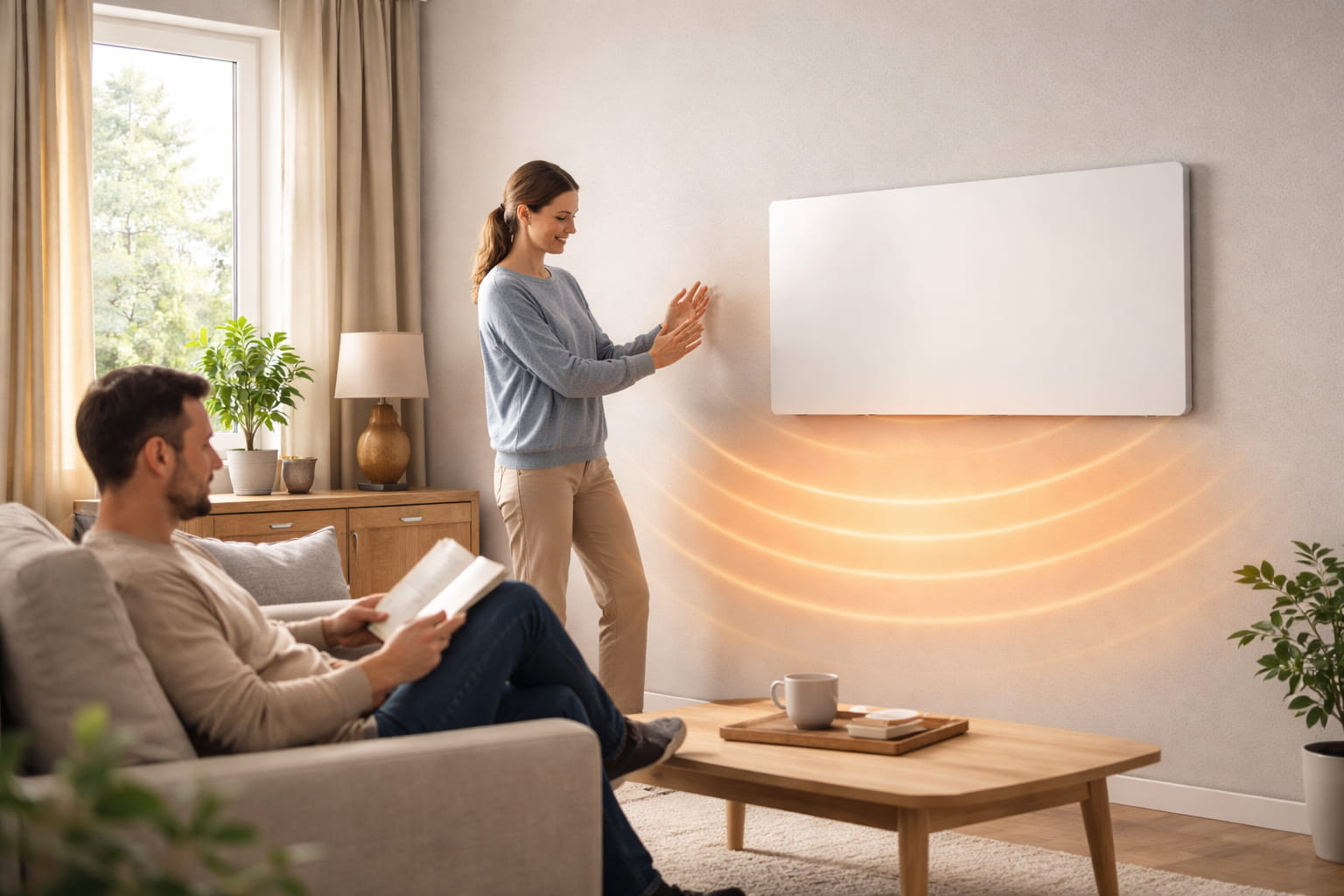 Infrarotheizung an der Wand erwärmt Personen und Oberflächen durch Strahlungswärme im Wohnraum