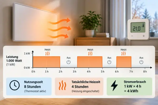 Infrarotheizung: Nutzungszeit und tatsächliche Heizzeit Infrarotheizung mit Thermostat und tatsächlicher Heizzeit von vier Stunden