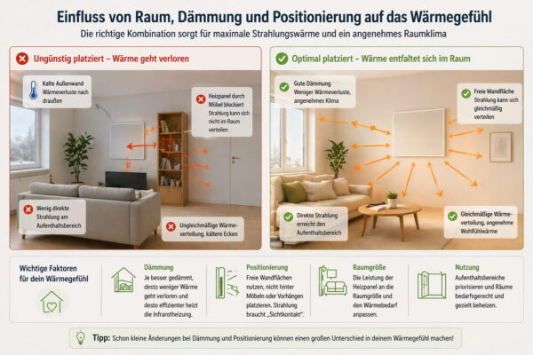 Einfluss von Dämmung und Positionierung einer Infrarotheizung auf die Wärmeverteilung und das Wärmegefühl im Raum