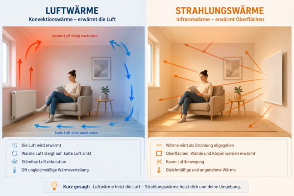 Vergleich von Strahlungswärme und Luftwärme bei Infrarotheizung und klassischem Heizkörper