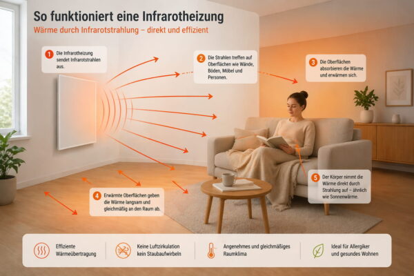 Funktionsweise einer Infrarotheizung mit Strahlungswärme und Erwärmung von Oberflächen im Raum