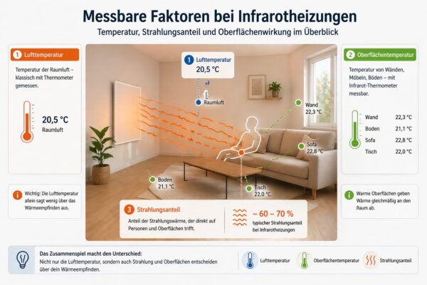 Messbare Faktoren einer Infrarotheizung wie Lufttemperatur, Strahlungsanteil und Oberflächentemperatur im Raum