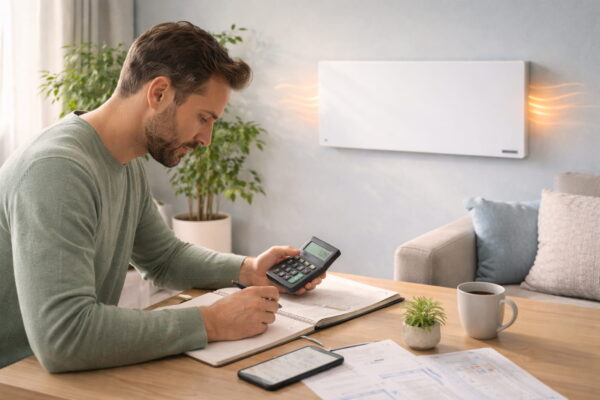 Stromverbrauch Infrarotheizung berechnen im Alltag Stromverbrauch einer Infrarotheizung im Alltag berechnen mit Taschenrechner und Notizen