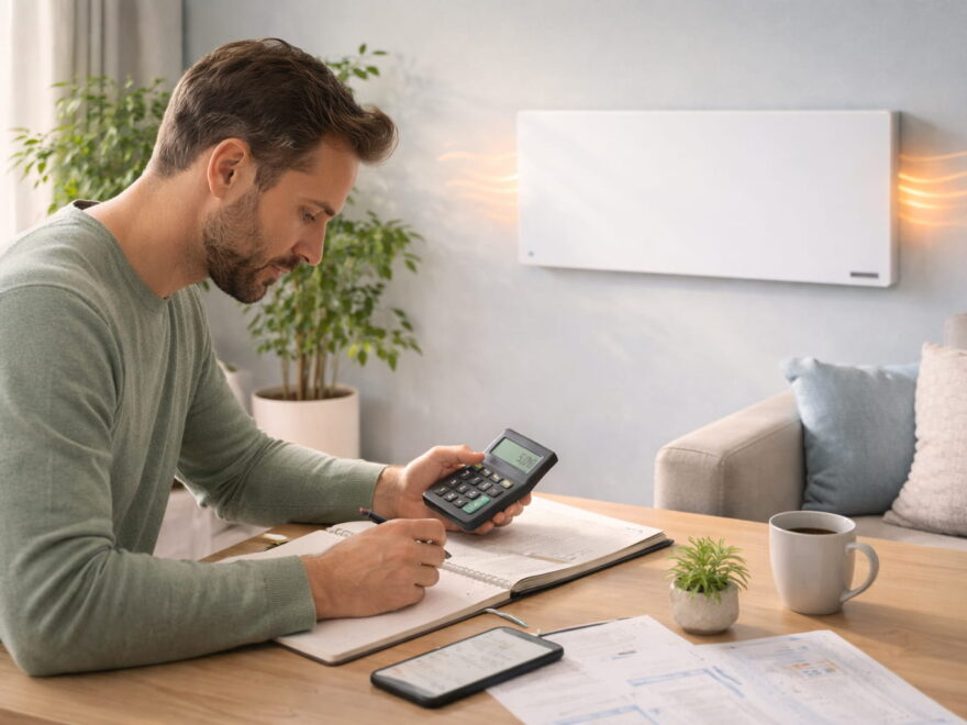Stromverbrauch einer Infrarotheizung im Alltag berechnen mit Taschenrechner und Notizen